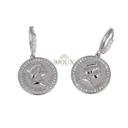 Orecchini cerchietto ottone argento con moneta e strass