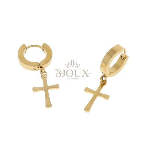 Orecchini cerchietto acciaio con croce dorata