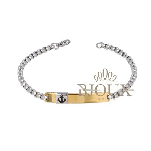 Bracciale in acciaio rodio con targhetta oro e ancora