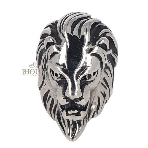 Anello da uomo in acciaio rodio con testa di leone