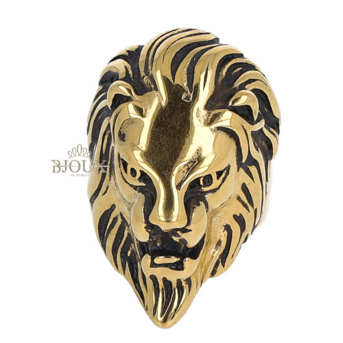 Anello da uomo in acciaio dorato con testa di leone