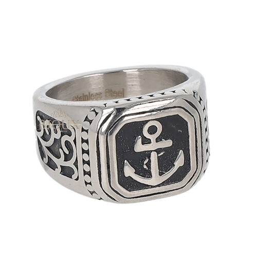 Anello da uomo in acciaio rodiato con decoro e ancora