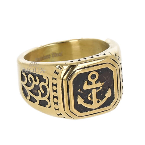 Anello da uomo in acciaio gold con decoro e ancora