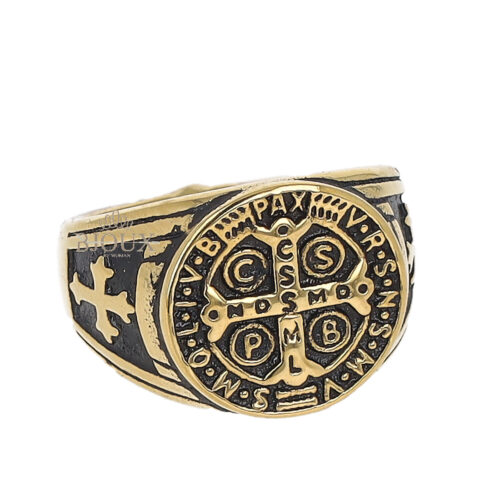 Anello da uomo oro in acciaio con decori religiosi