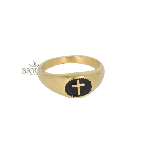 Anello chevalieur in acciaio oro con crocetta