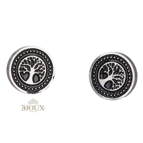 Orecchini perno tondo nero 1 cm con albero della vita