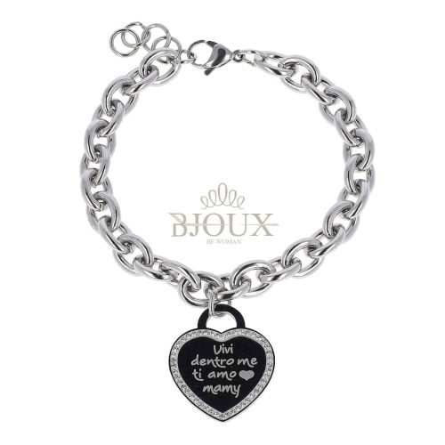 Bracciale in acciaio con cuore inciso e strass: Vivi dentro di me