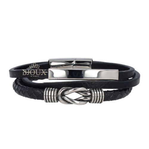 Bracciale da uomo acciaio e due fili in pelle nera