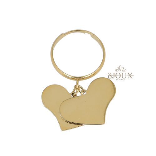Anello con due cuori pendenti in acciaio color oro