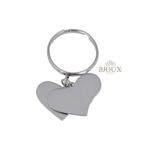 Anello con due cuori pendenti in acciaio colore rodio