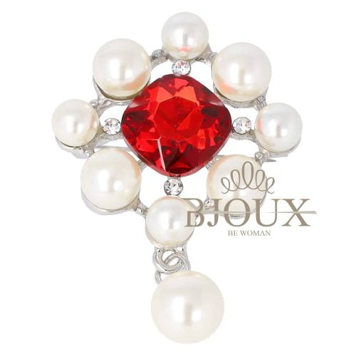 Spilla gioiello tonda con perle bianche e pietra centrale