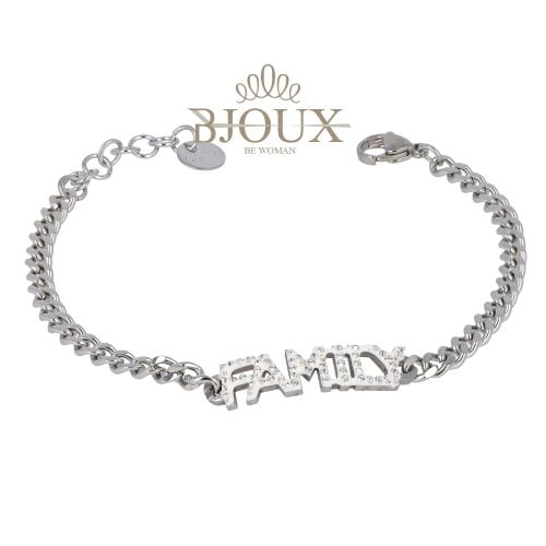 Bracciale in acciaio rodiato con scritta Family strass
