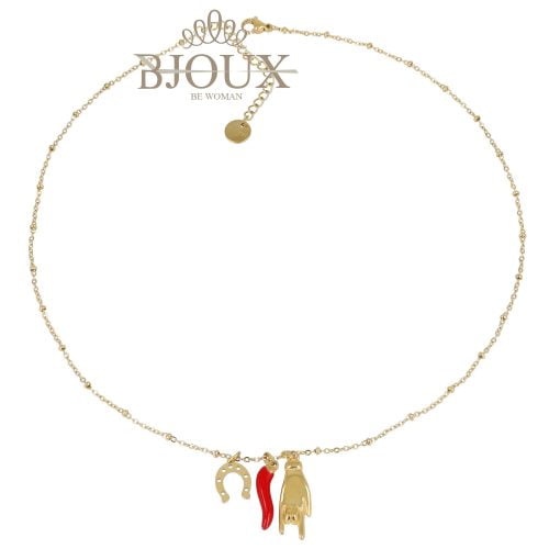 Collana catena acciaio dorato con charms scaramantici
