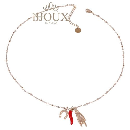 Collana catena acciaio rosè con charms scaramantici