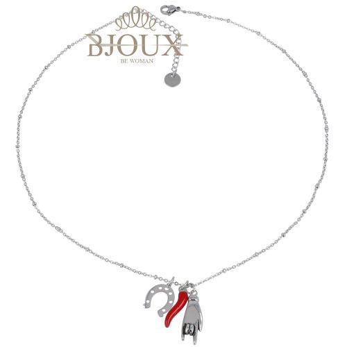 Collana catena acciaio rodio con charms scaramantici