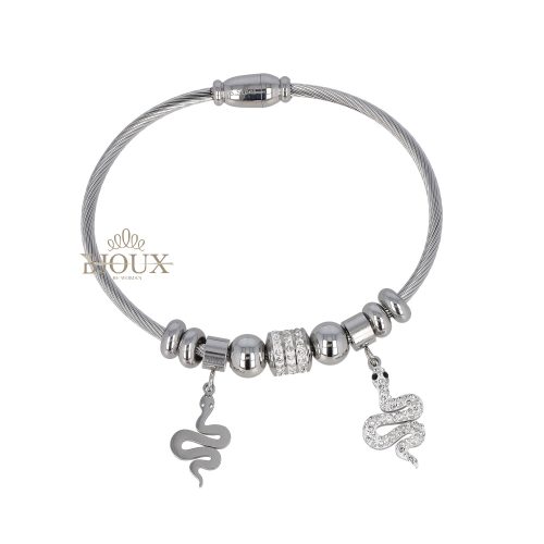 Bracciale in acciaio rodiato con pendenti cobra
