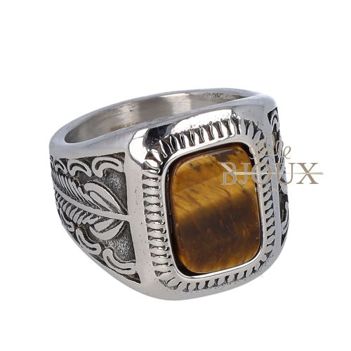 Anello da uomo in acciaio intarsiato con pietra ambra