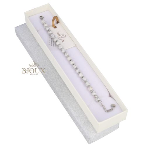 Bracciale in acciaio con sfere vetro bianco 6mm