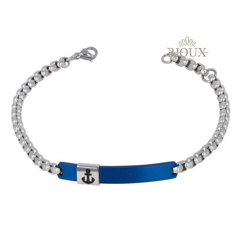 Bracciale in acciaio blu rodio con targhetta e ancora