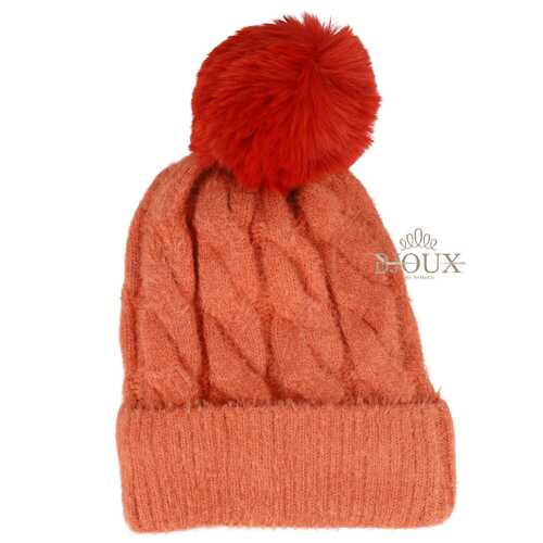 Cappello in lana treccia con pon pon arancio