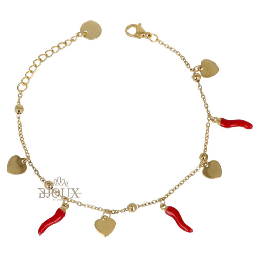 Bracciale in acciaio dorato con cuori e corni