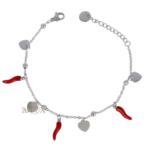 Bracciale in acciaio rodiato con cuori e corni