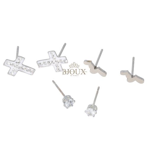 Orecchini 3 paia su card in acciaio rodio con croce