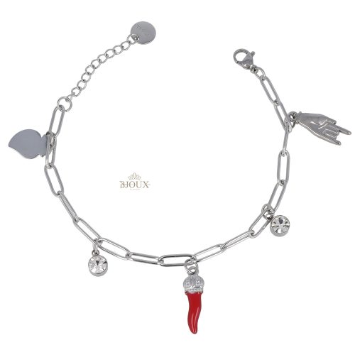 Bracciale portafortuna in acciaio rodiato con punti luce