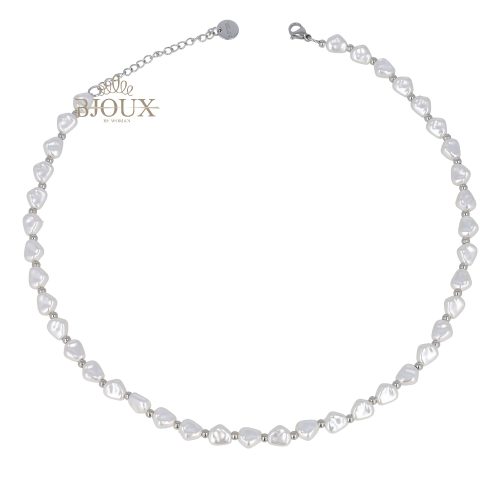 Collana chiusura acciaio rodio con sassolini di perla bianca