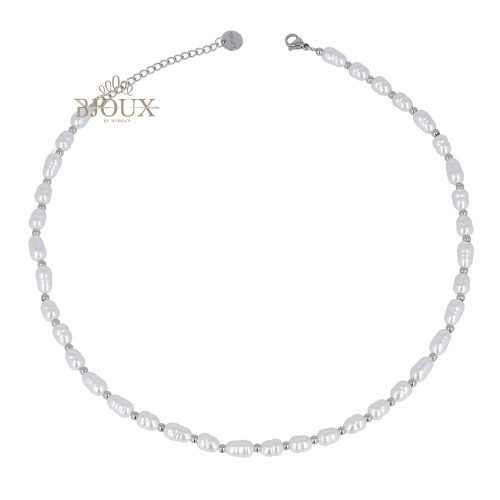 Collana chiusura acciaio rodio con ovali di perla bianca