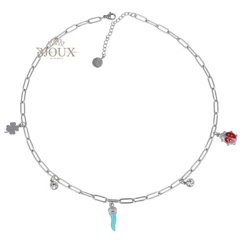 Collana acciaio rodiato con cornetto e coccinella