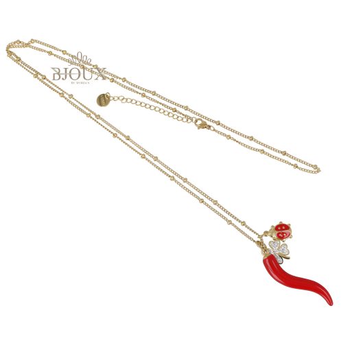 Collana lunga oro con corno rosso e portafortuna