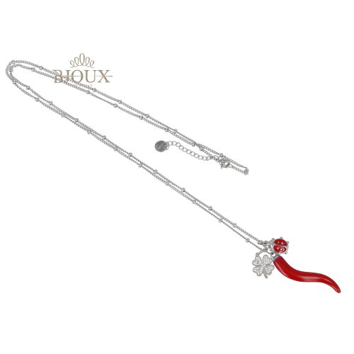 Collana lunga silver con corno rosso e portafortuna