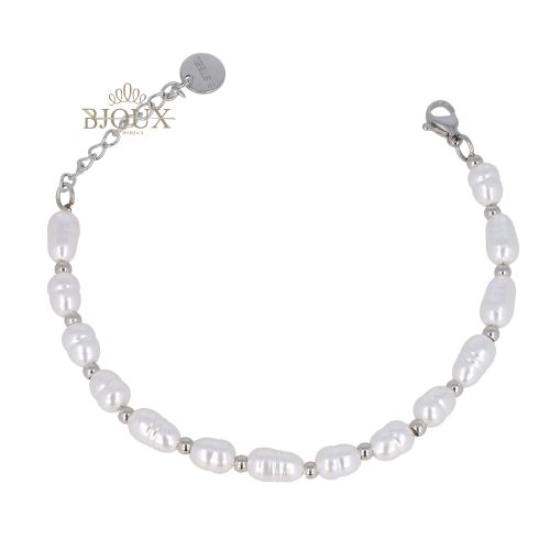 Bracciale barilotti perla ovale con acciaio rodiato