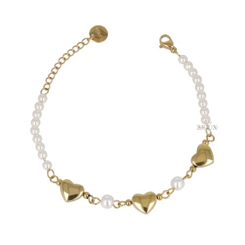 Bracciale con tre cuori e perline colore oro