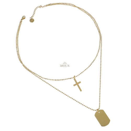 Collana in acciaio oro con croce e targhetta