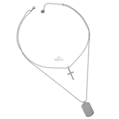 Collana in acciaio rodio con croce e targhetta