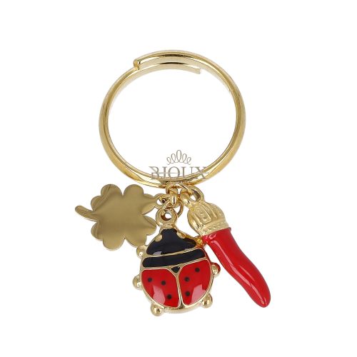 Anello acciaio con charms portafortuna oro