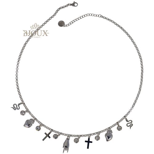 Collana girocollo acciaio rodiato con portafortuna