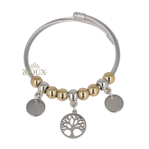 Bracciale acciaio rigido con beads oro e albero della vita