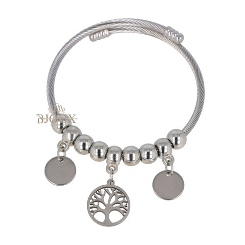 Bracciale acciaio rigido con beads rodio e albero della vita
