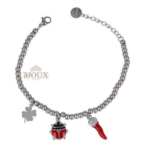 Bracciale acciaio a pallini rodio con coccinella