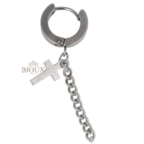 Orecchino cerchio acciaio con croce e catenina