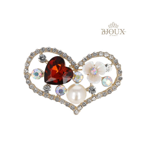 Spilla gioiello gold cuore con strass e pietra ambra