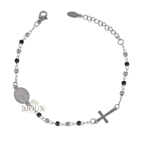 Bracciale rosario in acciaio pallini rodio & nero