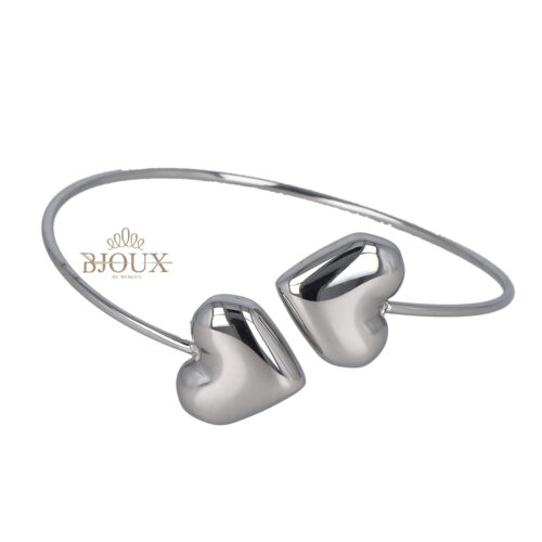 Bracciale rodio con due cuori bombati da 1,5 cm