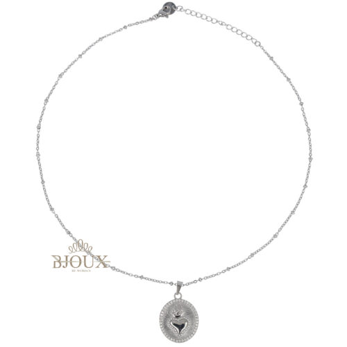 Collana acciaio rodio medaglia e cuore sacro