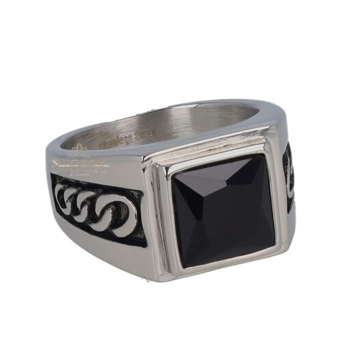 Anello uomo rodio intarsiato con pietra black