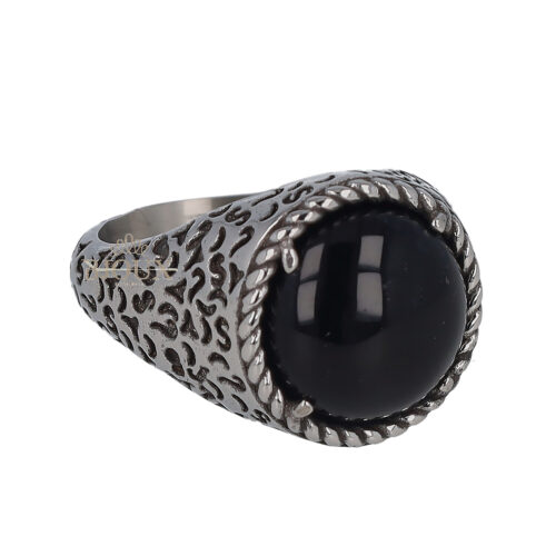 Anello uomo rodio intarsiato con pietra tonda black