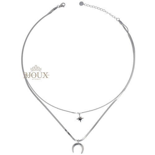 Collana due fili mesh con pendente mezzaluna rodio